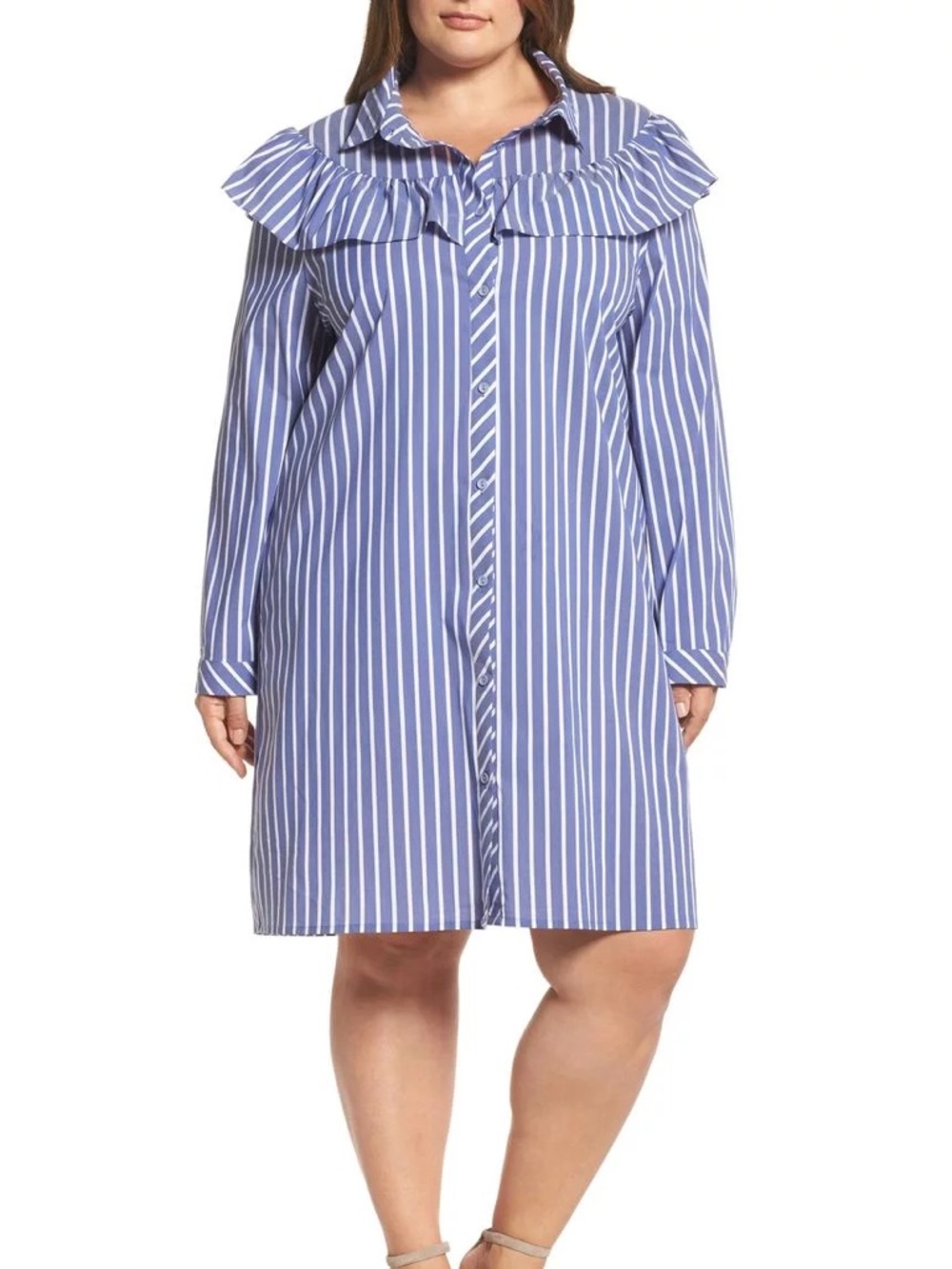 Glamorous Blue and White Stripe Ruffle Shirt Dress